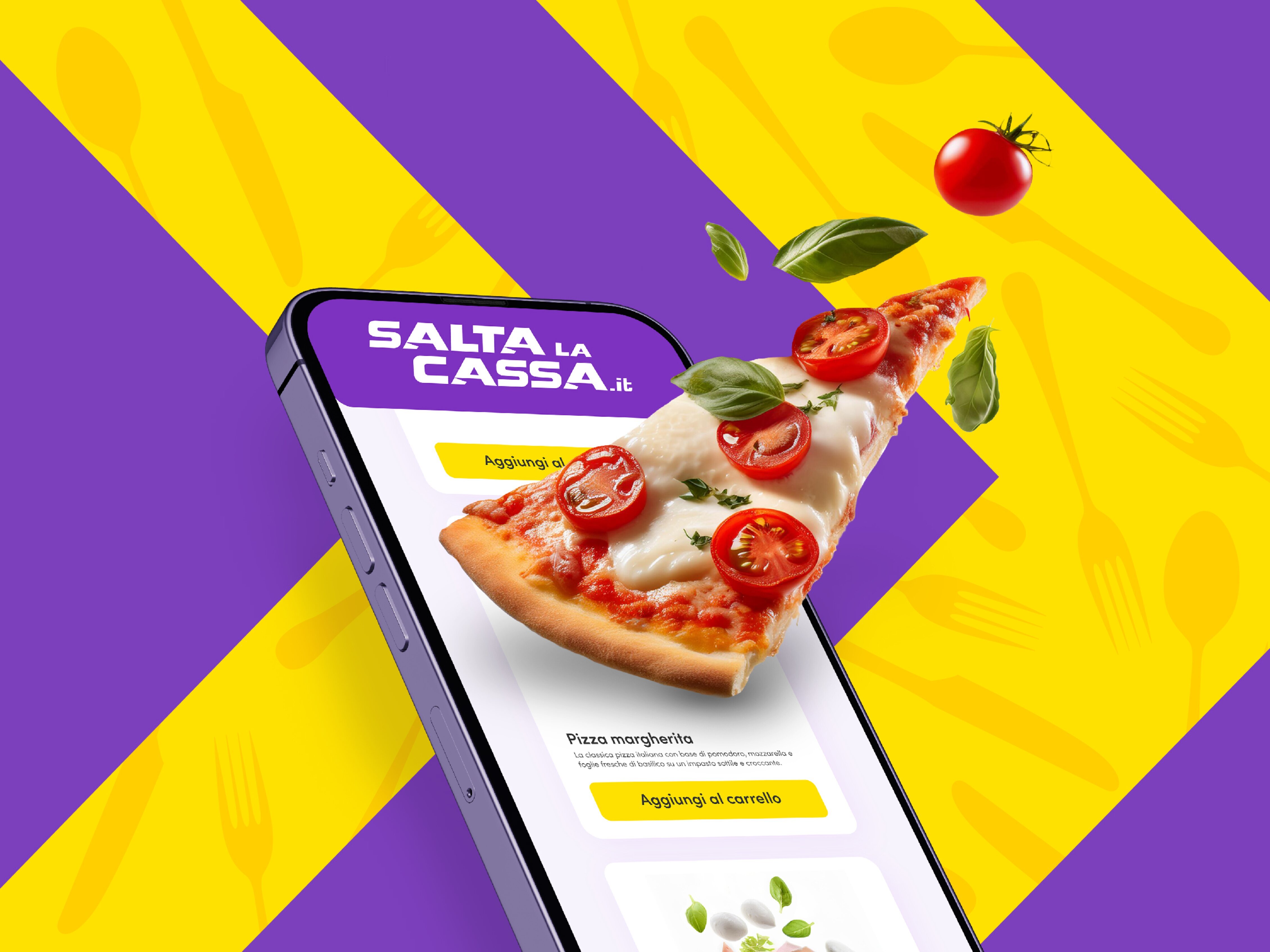 smartphone che visualizza l’app Salta la Cassa con una fetta di pizza che esce dallo schermo a simboleggiare il servizio rapido e innovativo