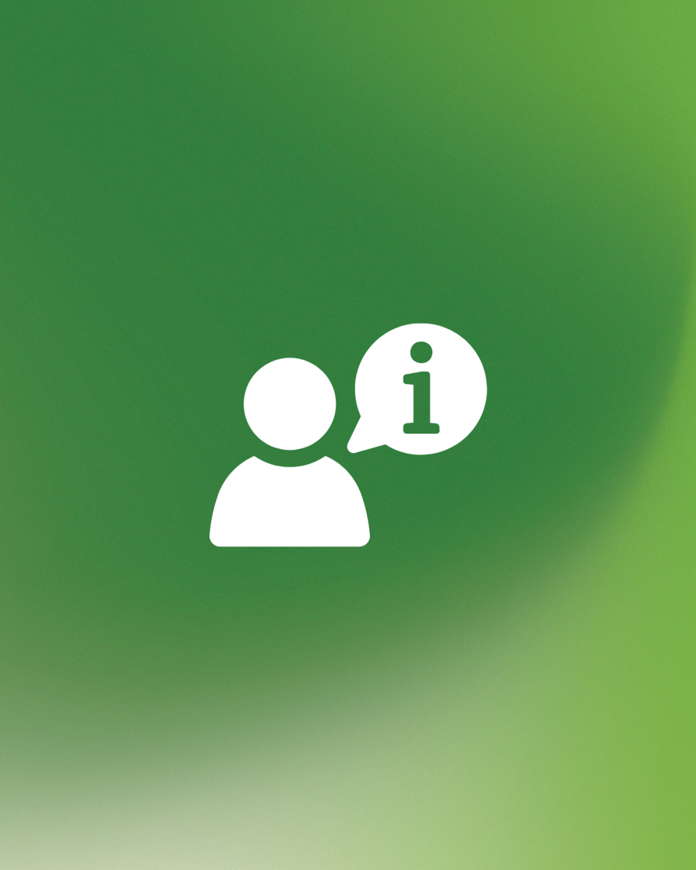 Icona bianca di persona con fumetto informativo e lettera “i” su sfondo verde sfumato.﻿