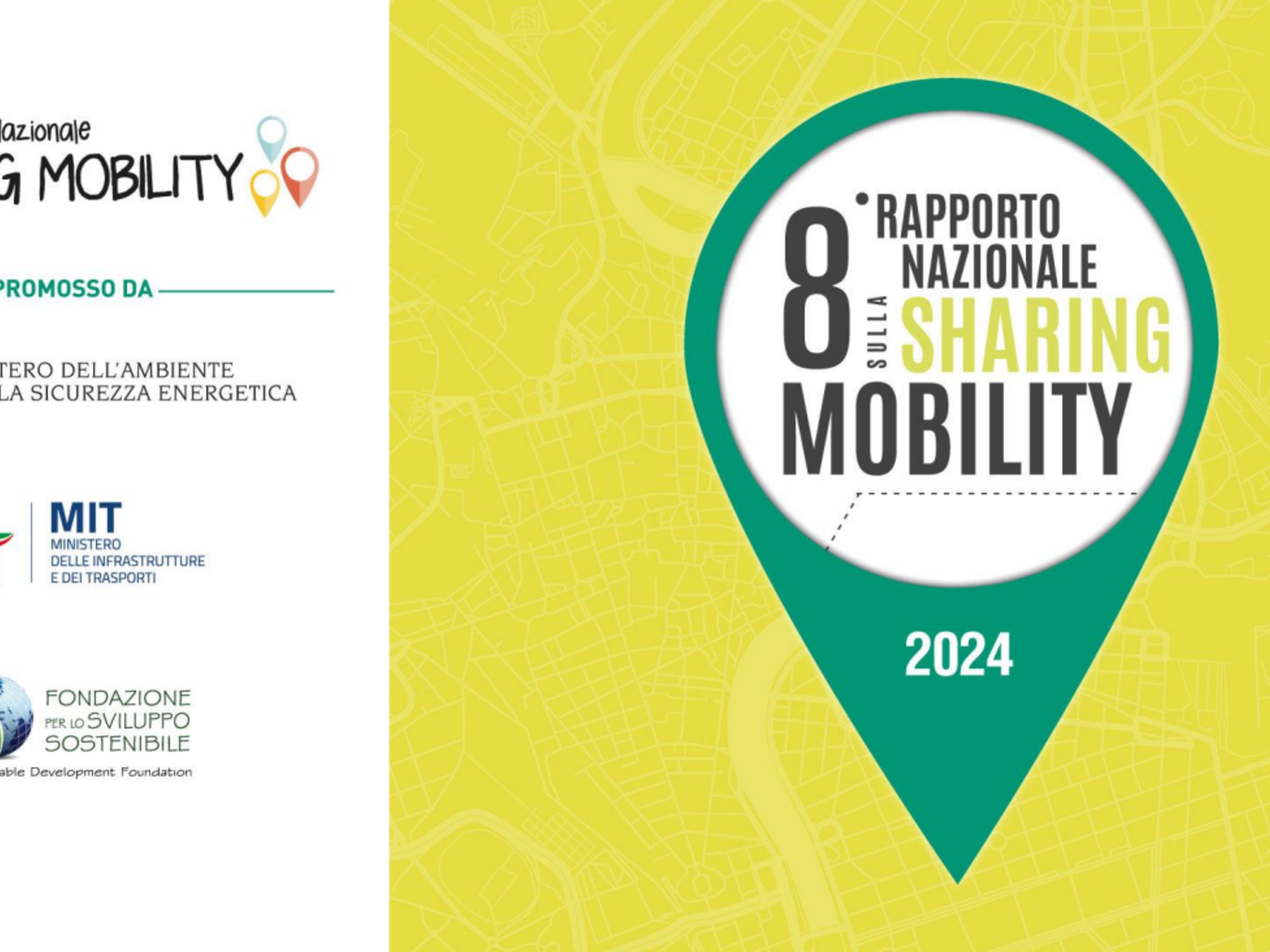 Copertina del “8° Rapporto Nazionale sulla Sharing Mobility 2024” con una grande icona a forma di localizzatore verde su sfondo mappa stilizzata gialla; sulla sinistra i loghi e i promotori istituzionali.﻿